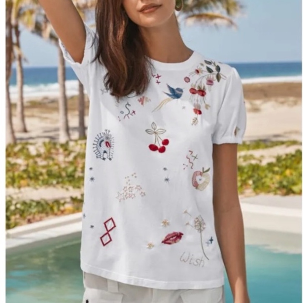 Johnny Was Cleo Short Puff Sleeve Embroidered Tee XXS